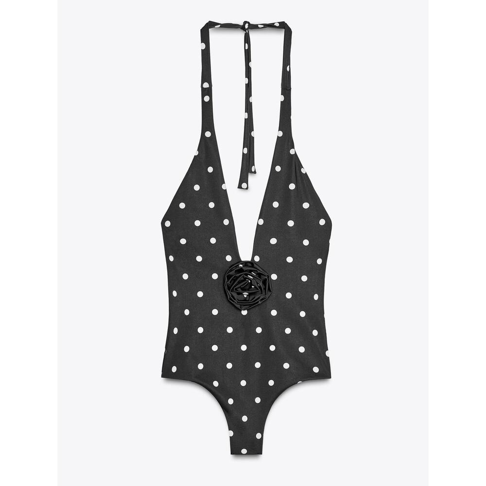 Zara NWT Black Polka Dot Halter Plunge One Piece Swimsuit L - Picture 11 of 12